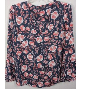 Adrianna Papell XL Blouse Floral Print Long Sleeve Split Neck Top Navy Blue Pink